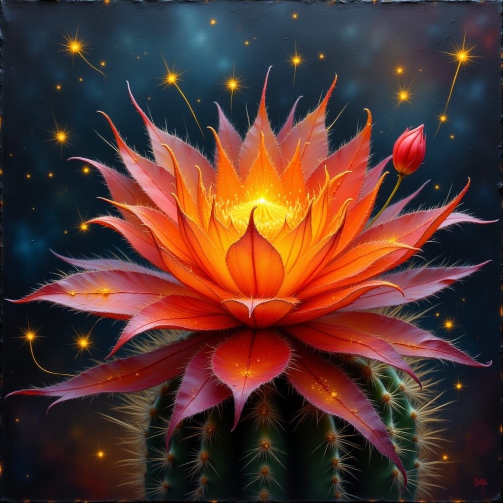 Stunning Cactus Blossom in Fire Red Orange Impasto Style