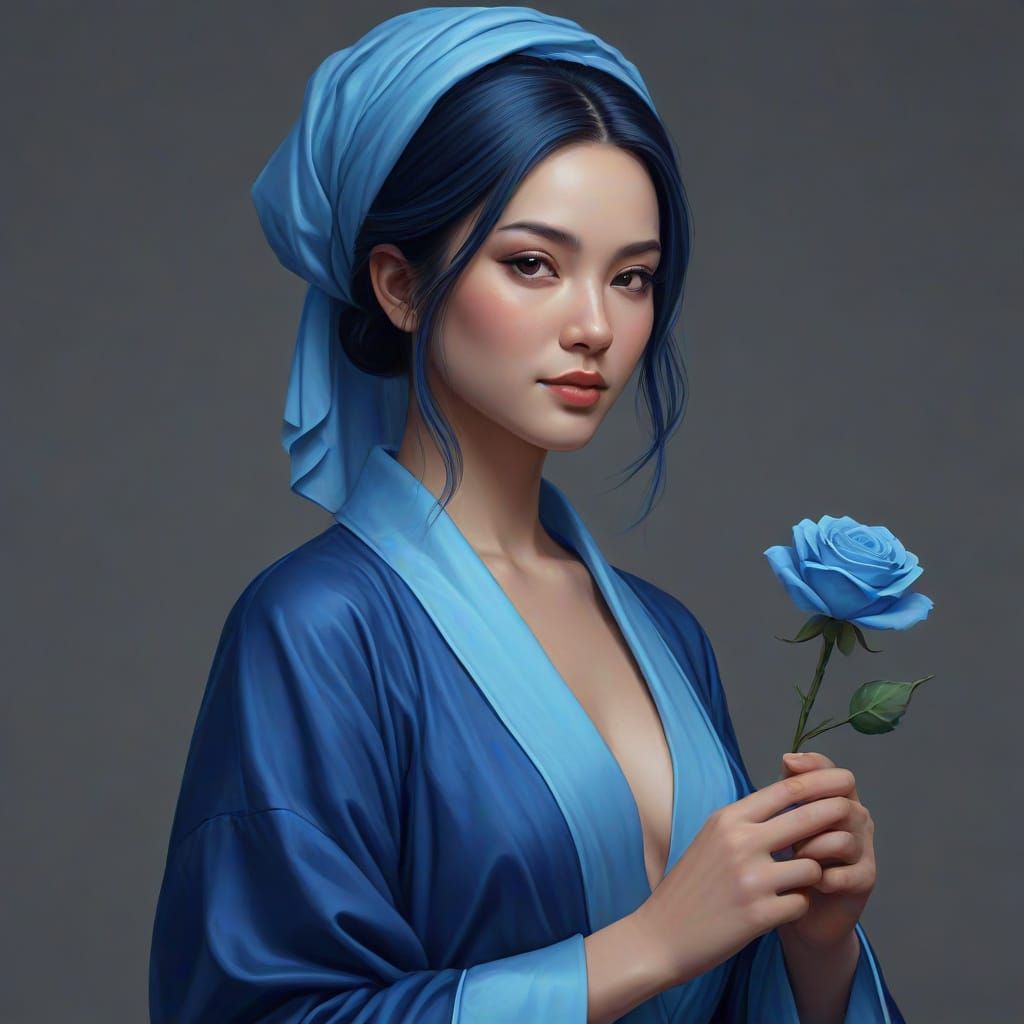 Asian Woman Holding Glowing Blue Rose in Digital Painting