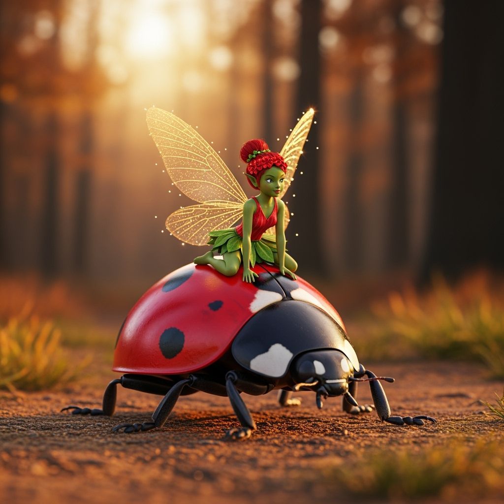 Fairy on Ladybug in Autumn Forest, Photorealistic Style