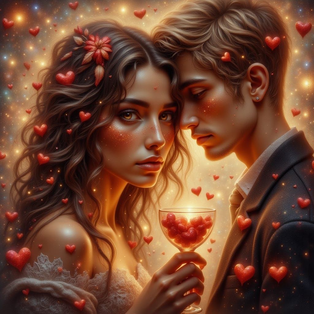 Romantic Couple in Cafe, Holding Heart Glass