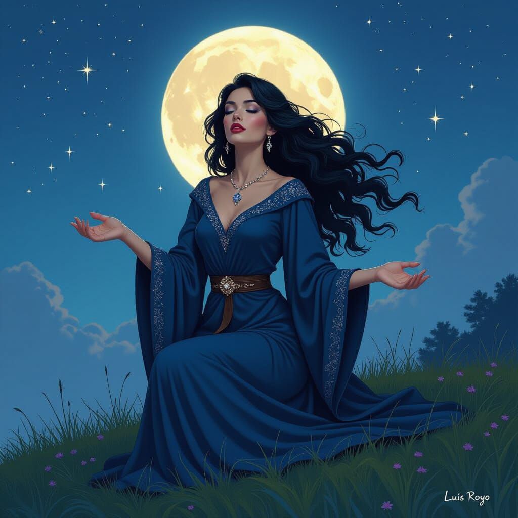 Norse Goddess Casting Moon Spell on Hill at Midnight