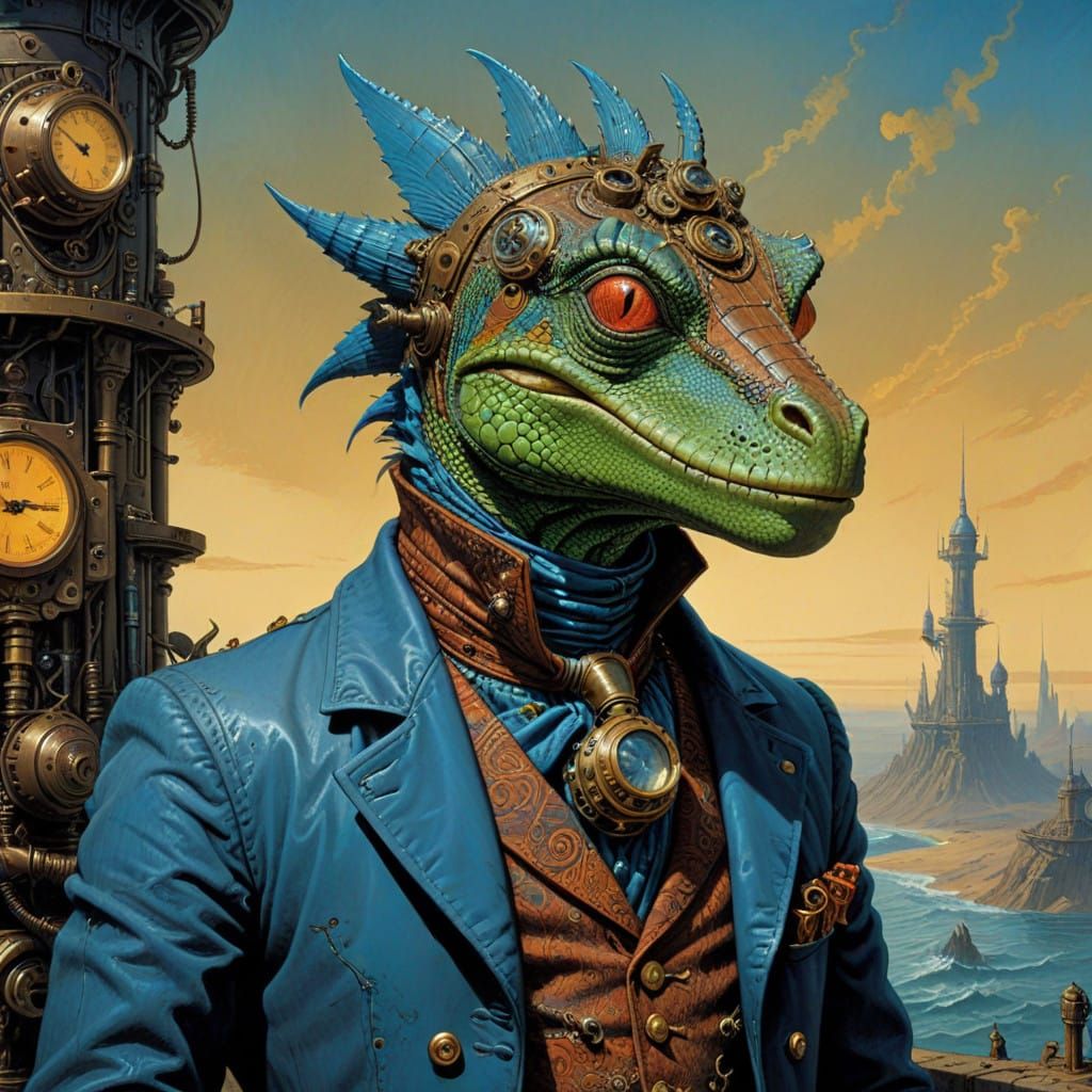 Lizardman in Industrial Fantasy Landscape