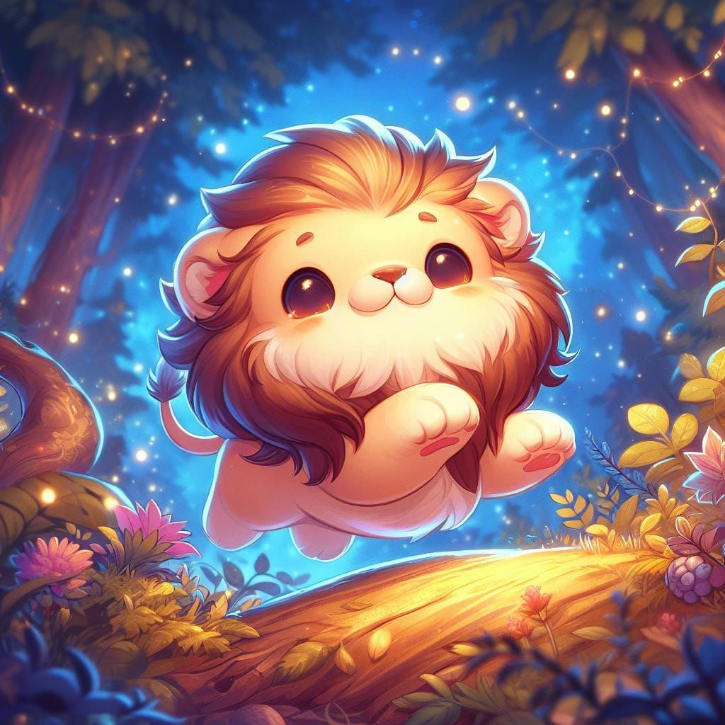 Chibi Lion Cub Frolicking in Magical Woods