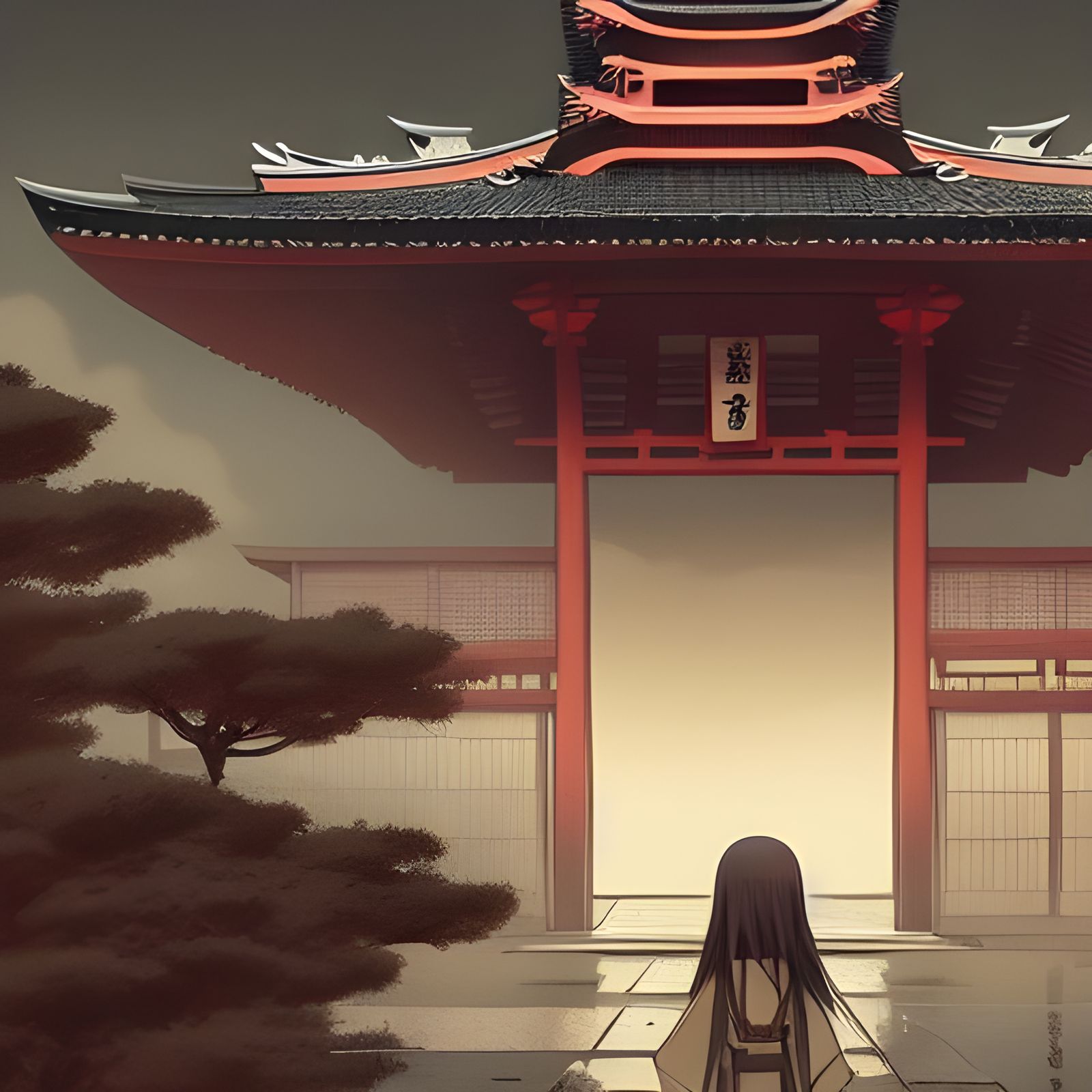 Anime Japanese Temple in Shin Hanga Style