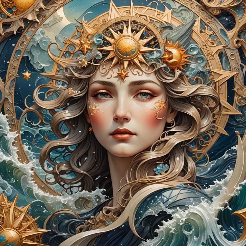 Nautical Star with Ocean Waves in Art Nouveau Style