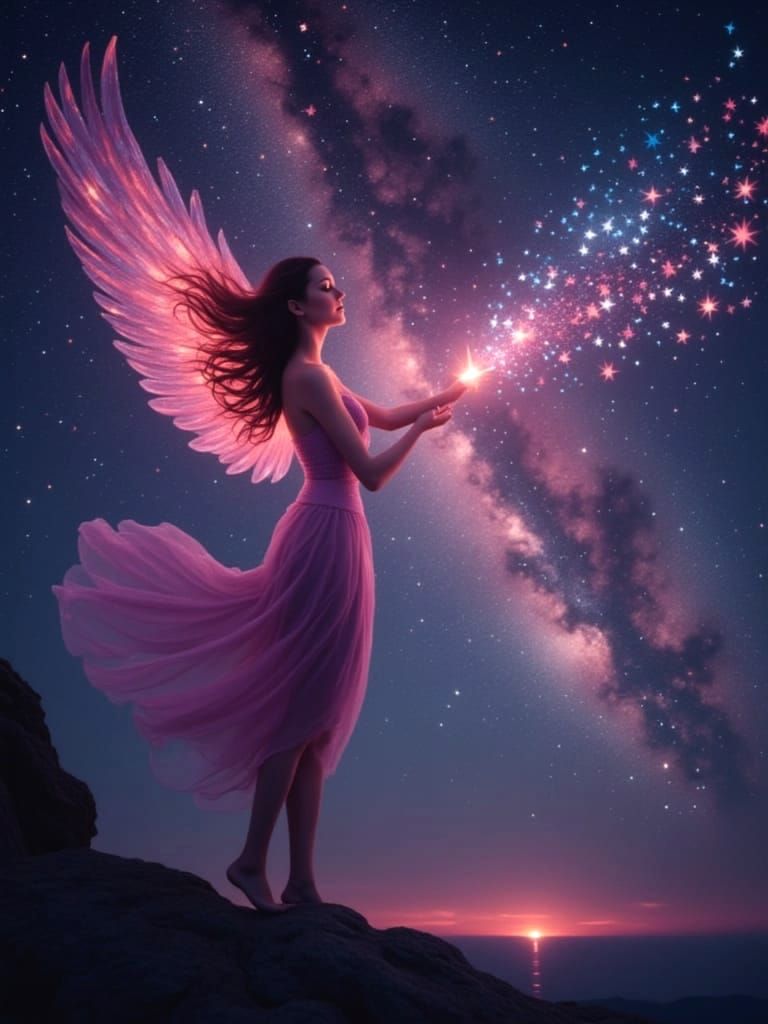 Angelic winged woman of stars