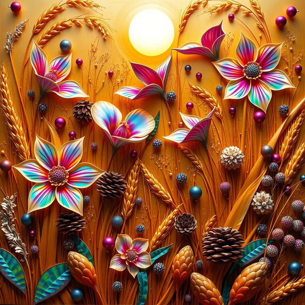 Surreal Fantasy Garden in Vibrant, Mixed Media Style