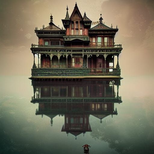 Victorian House on Floating Island in Fantasy Style