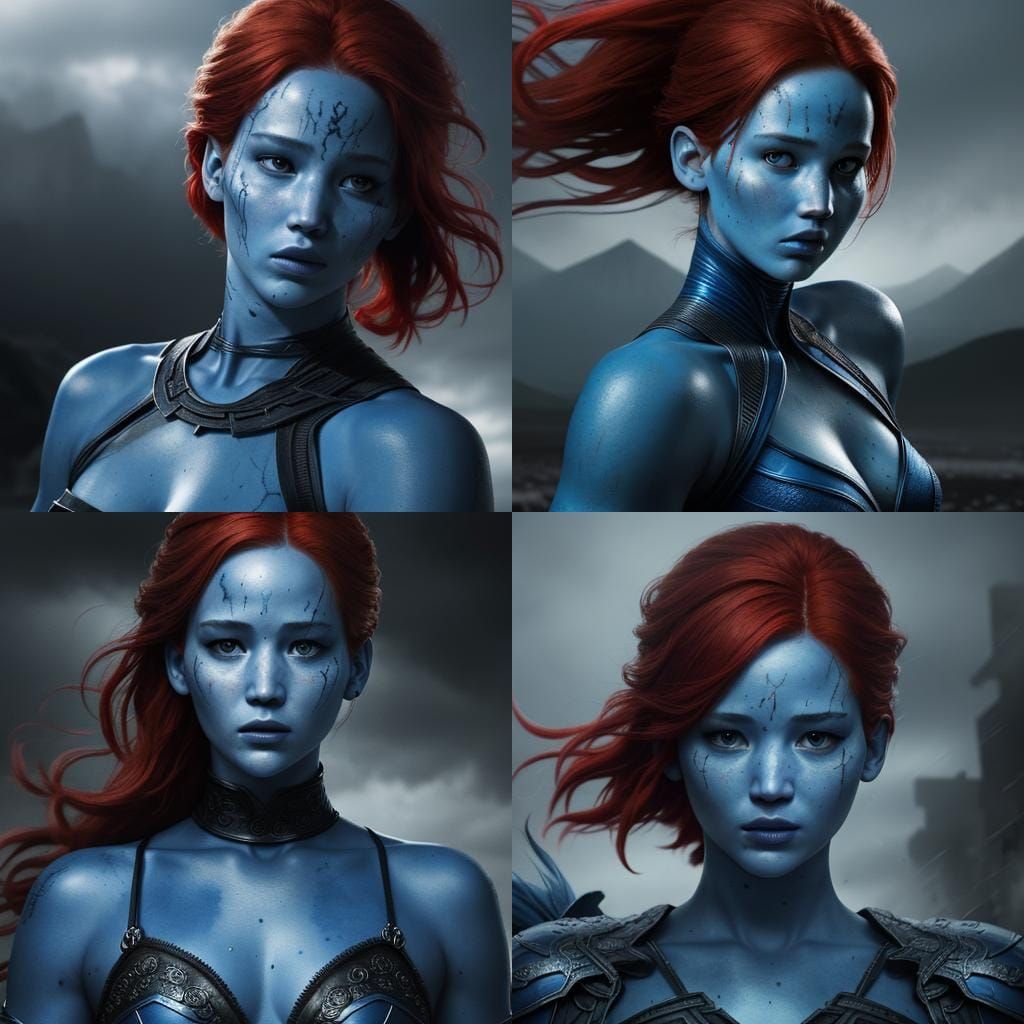 Hyperrealistic Portrait of Blue-Skinned Woman with Red Hair