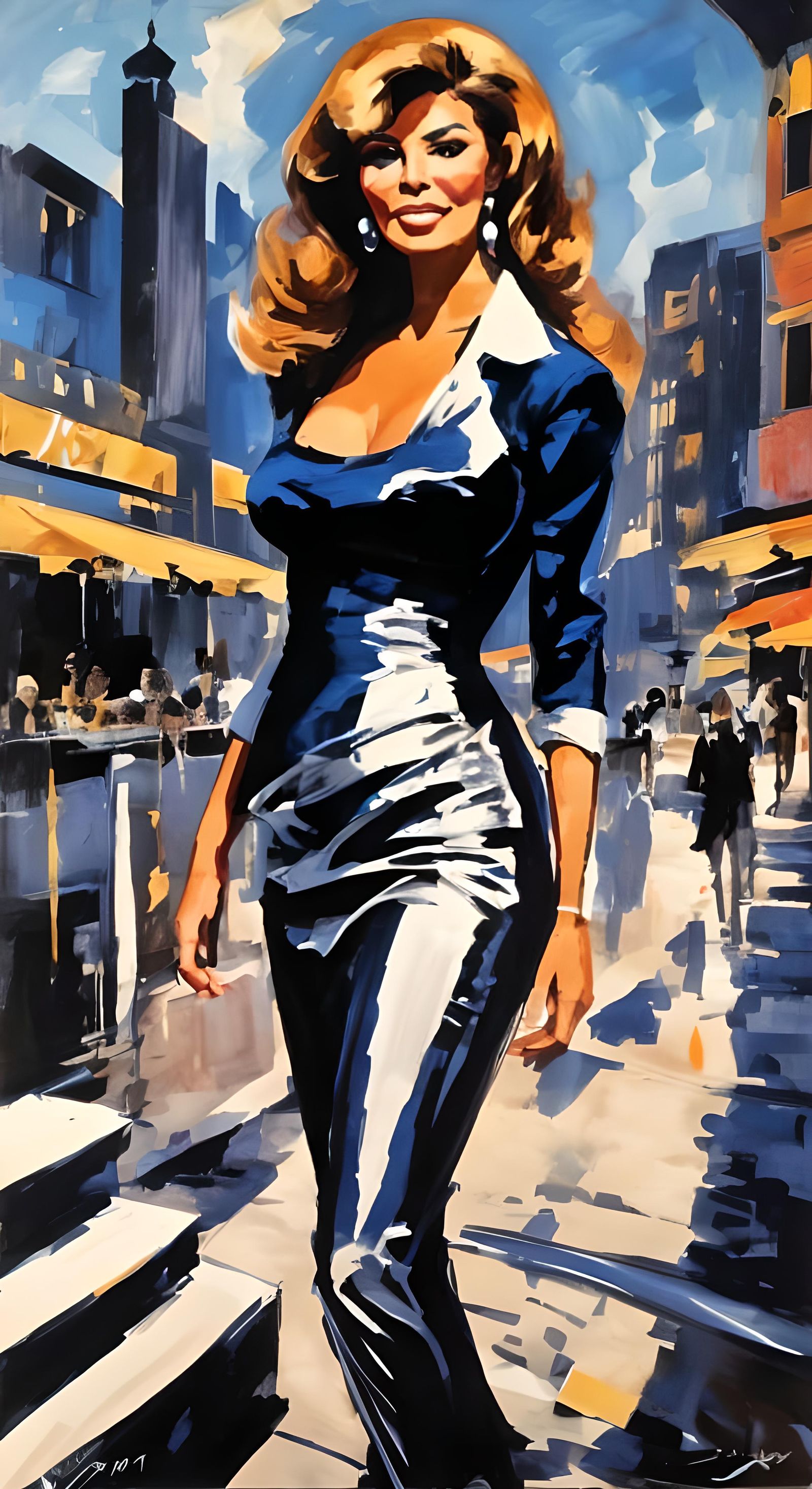 Raquel Welch in 1960s Nightclub, Impressionist Painting