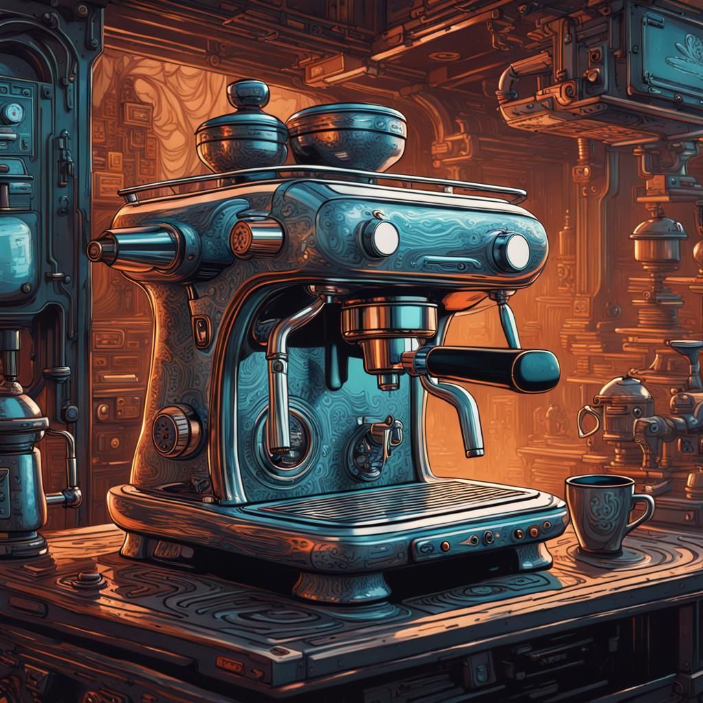Futuristic Cyborg Espresso Machine in Woodblock Style