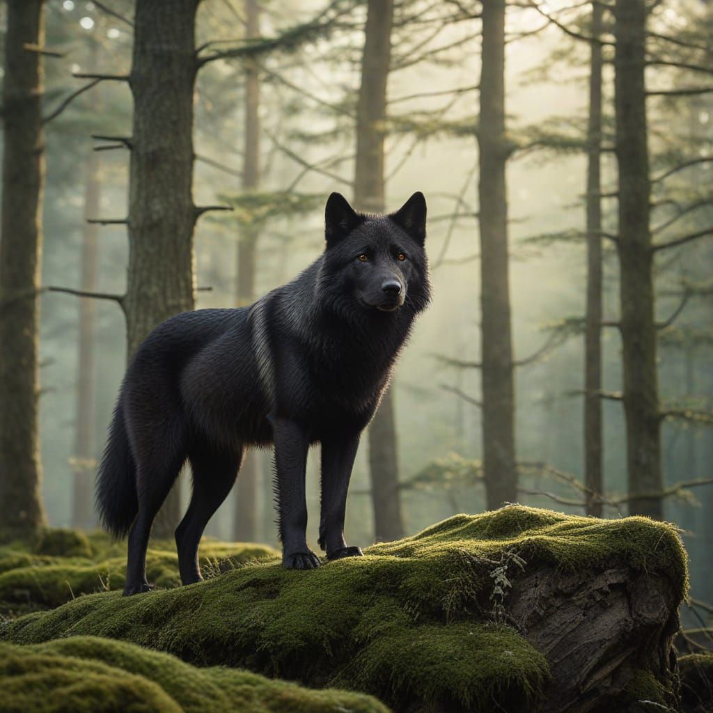 Majestic Black Wolf in Ancient Forest Realism