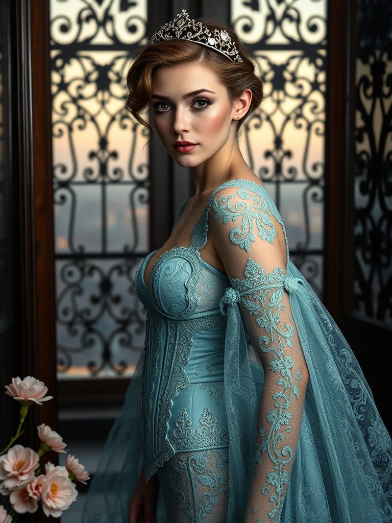 Androgynous Regency-Inspired Beauty in Teal Blue Lace