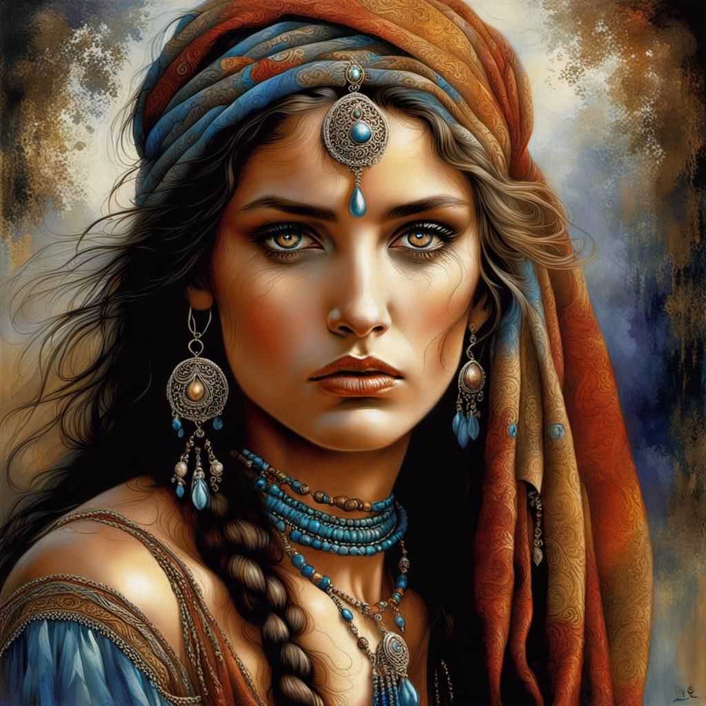 Mystical Gypsy Woman with Vibrant Eyes
