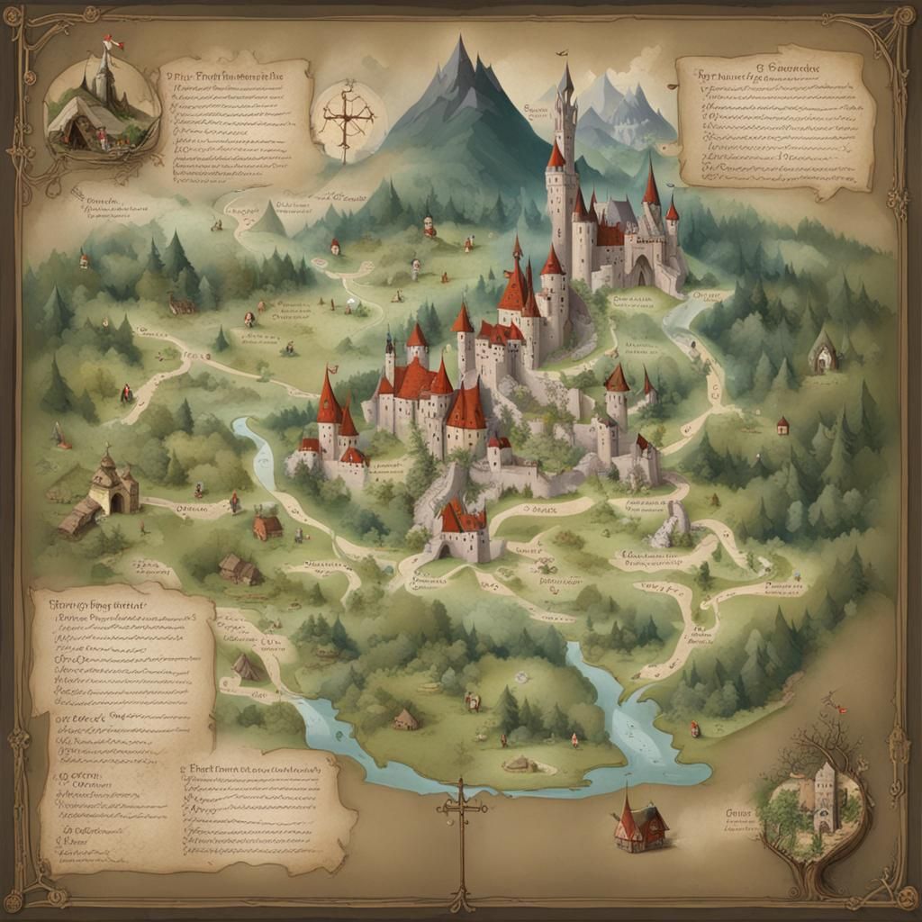 Map of the fairy tales of the Brothers Grimm with symbols and explanations of the fairy tale characters