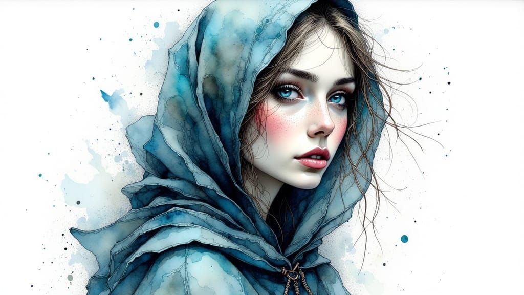 Icy-Eyed Woman in Watercolour with Crosshatching