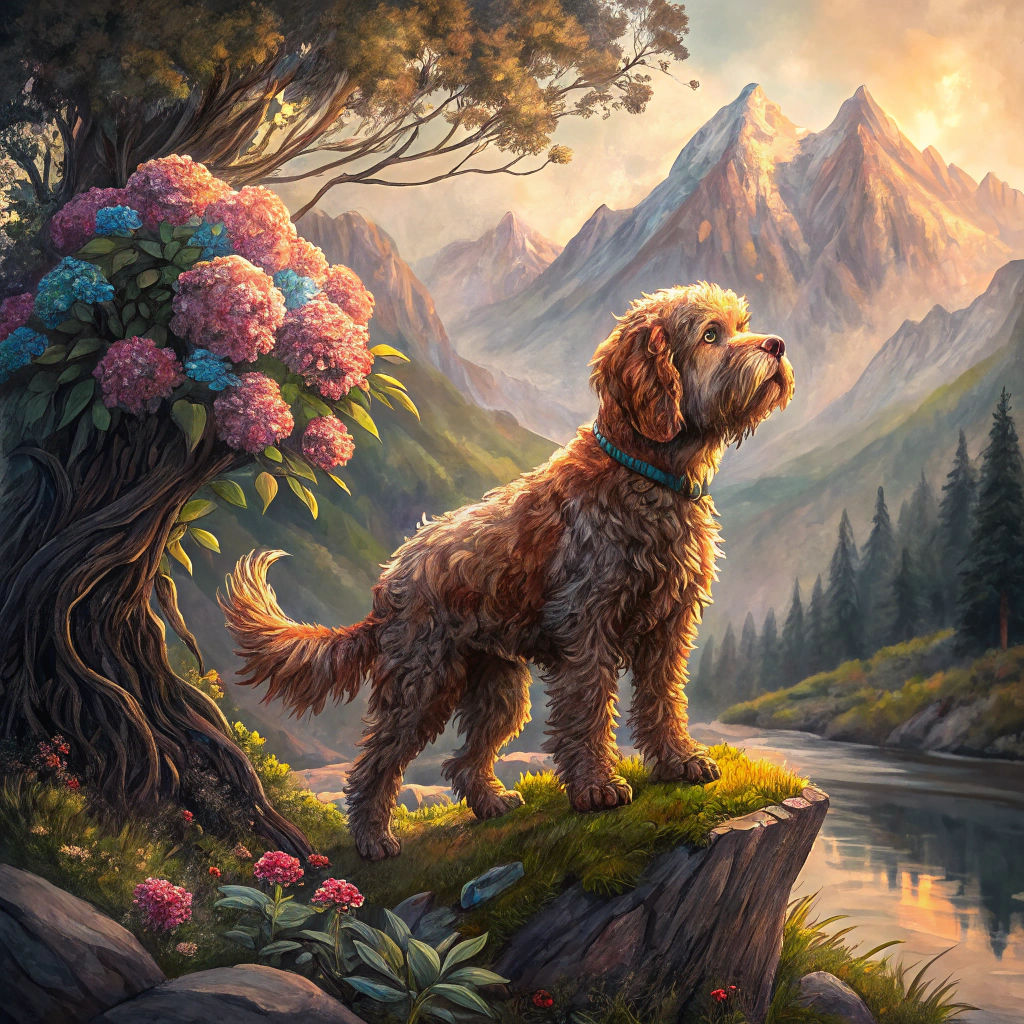 Colorful Labradoodle's Riverside Relief: A Fantasy Scene