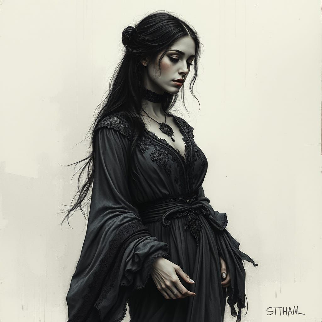 Contemplative Woman in Charcoal Drawing Style