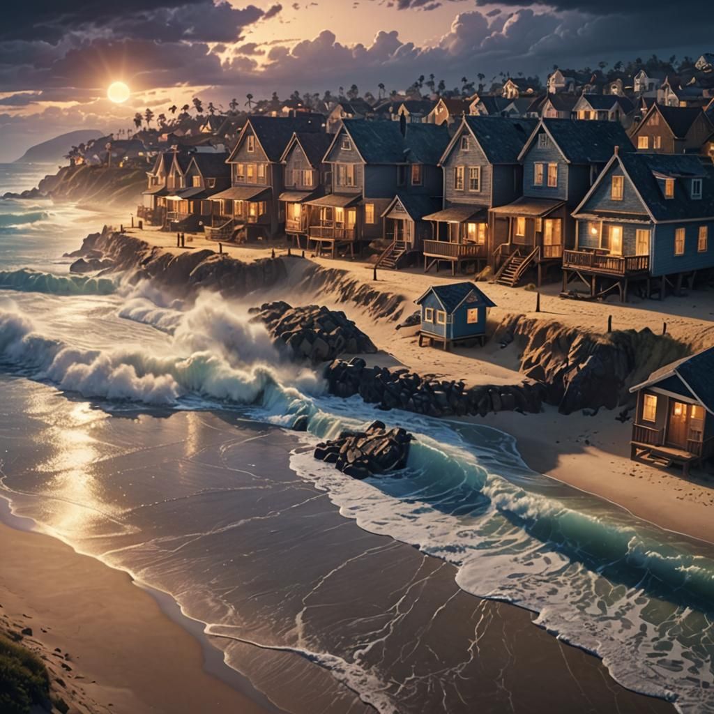 Ocean Waves Crashing on Beach at Night