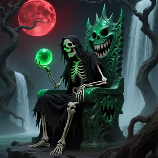 A skeletal cursed wayfarer with twisted bony frame in black ...