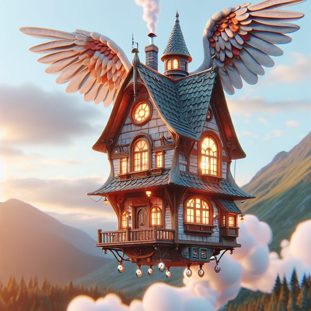 Whimsical Winged House Soaring Through the Sky