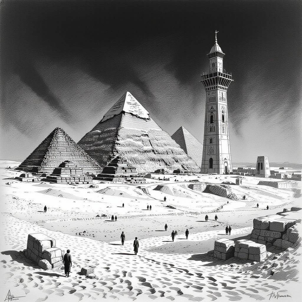 Egyptian Landmarks in Monochrome Pencil Sketch Style