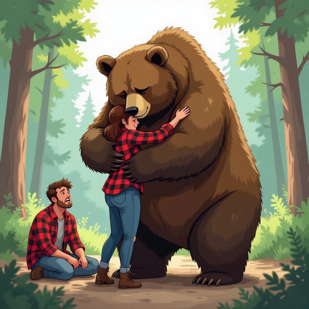 Woman Hugs Bear as Man Cries in Forest