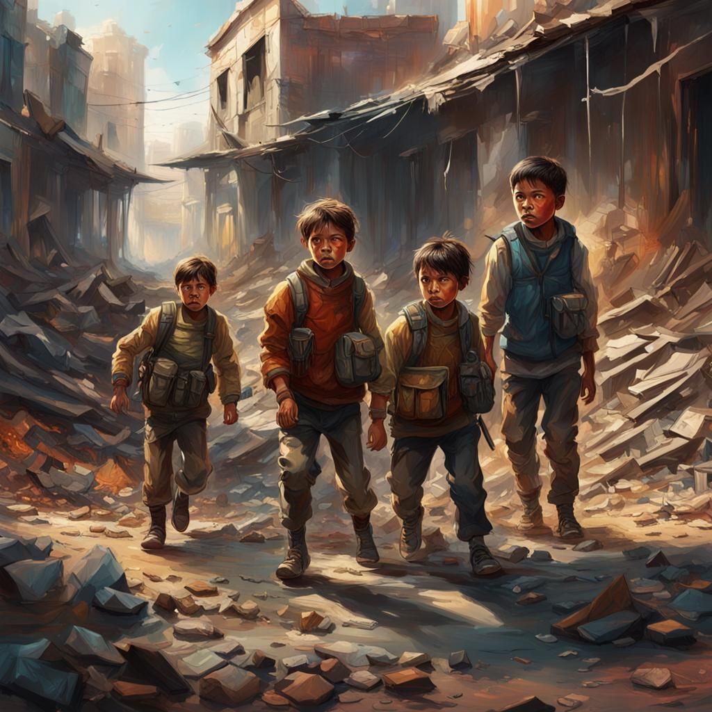 Orphans in War Zone: Hyperrealistic Splash Art
