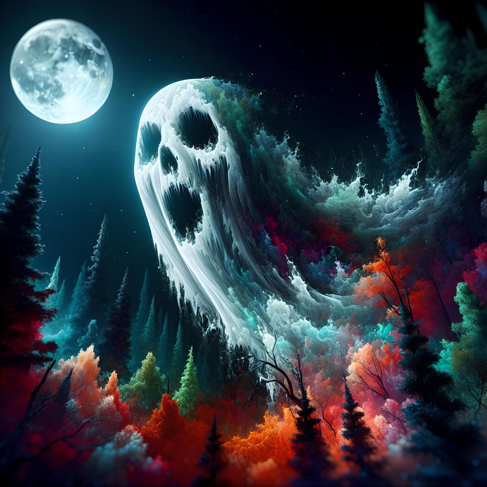 Eerie Ghost Shouting 'Boo' in Moonlit Forest