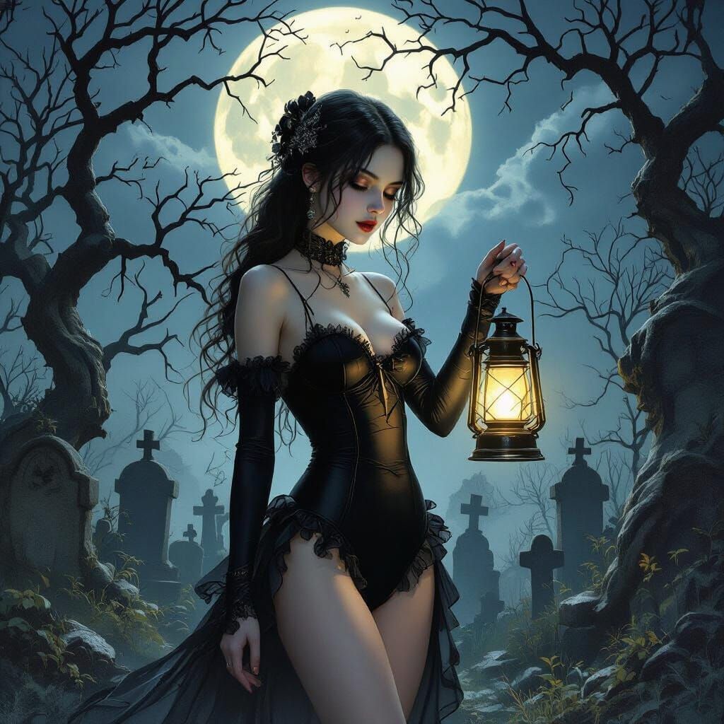 Gothic Teen Girl with Lantern in Moonlit Cemetery
