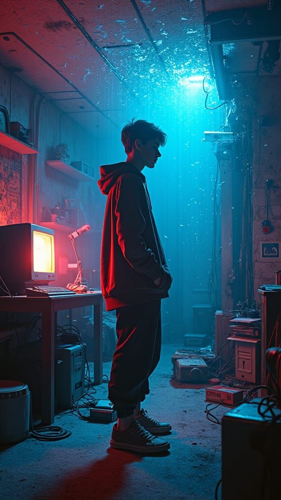 Teen in Digital Vortex: Cyberpunk Dystopian Dreamscape