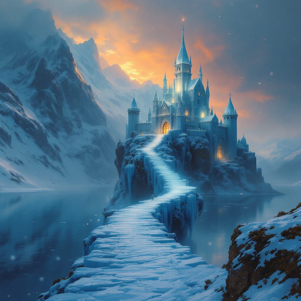 Ethereal Ice Castle Above Snowy Peaks
