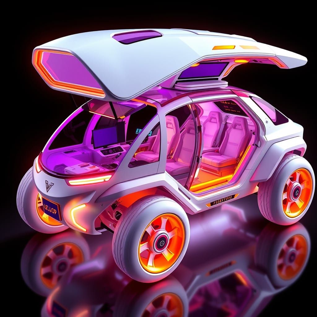 Futuristic Flying Car in Purple and Orange Mirage