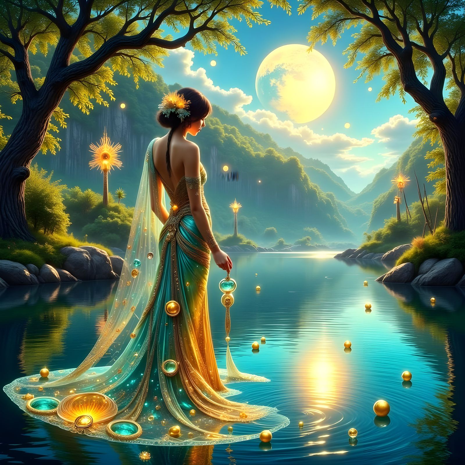 Hyperrealistic Art Nouveau Scene of Lady of the Lake