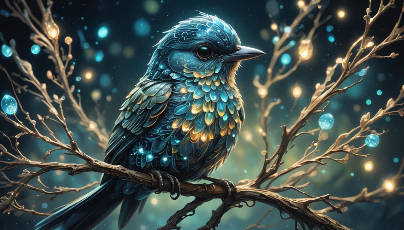 Glowing Bioluminescent Bird in the Dark: Oil Painting