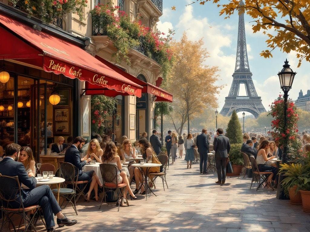 Hyperrealistic Parisian Cafe Scene with Eiffel Tower