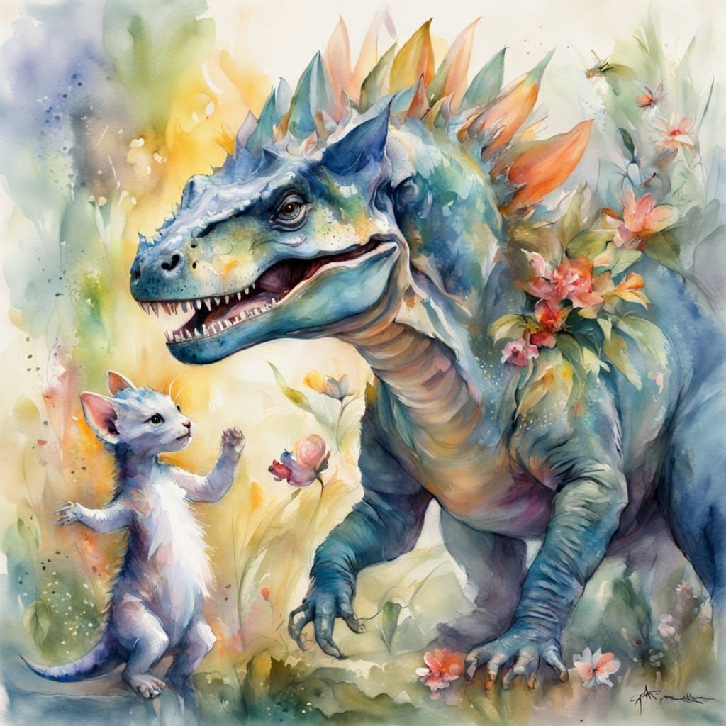 Dinosaur Dances with Kitten in Harmonic Watercolour Style