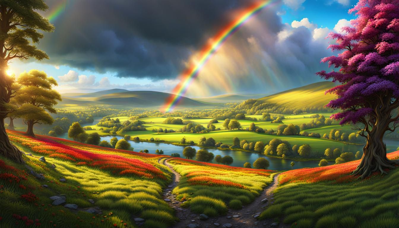 Irish Countryside Landscape Painting with Rainbow