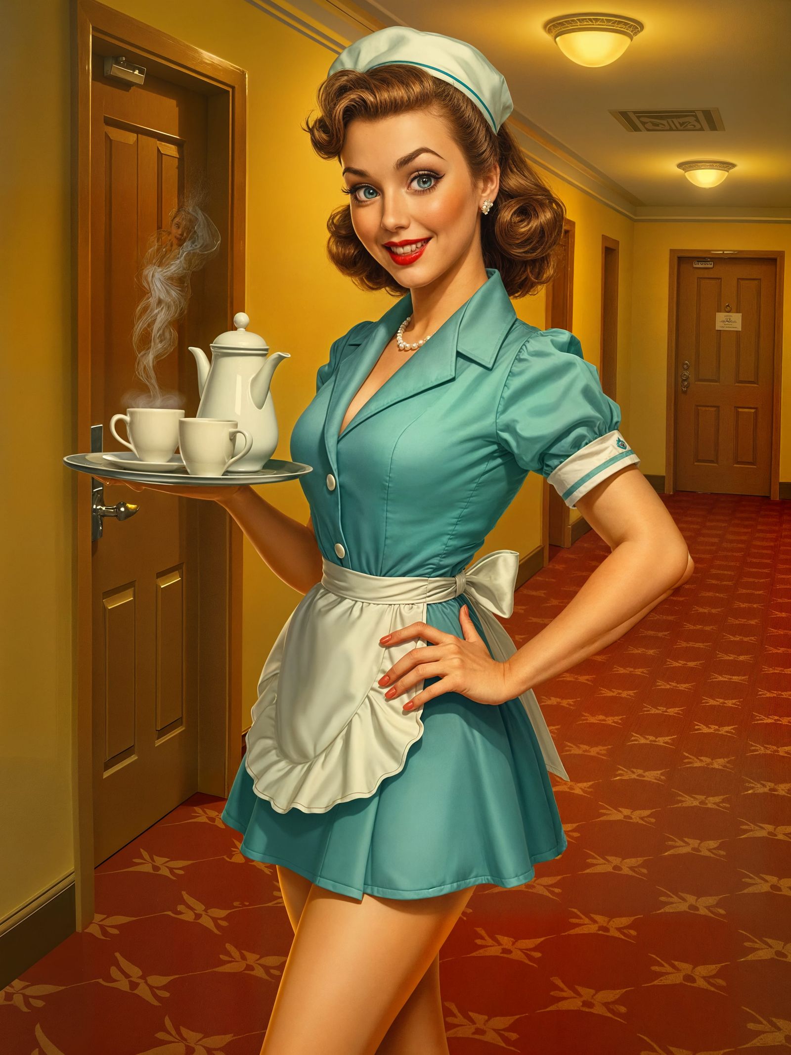 1950s Pin-Up Hotel Waitress Serving Coffee