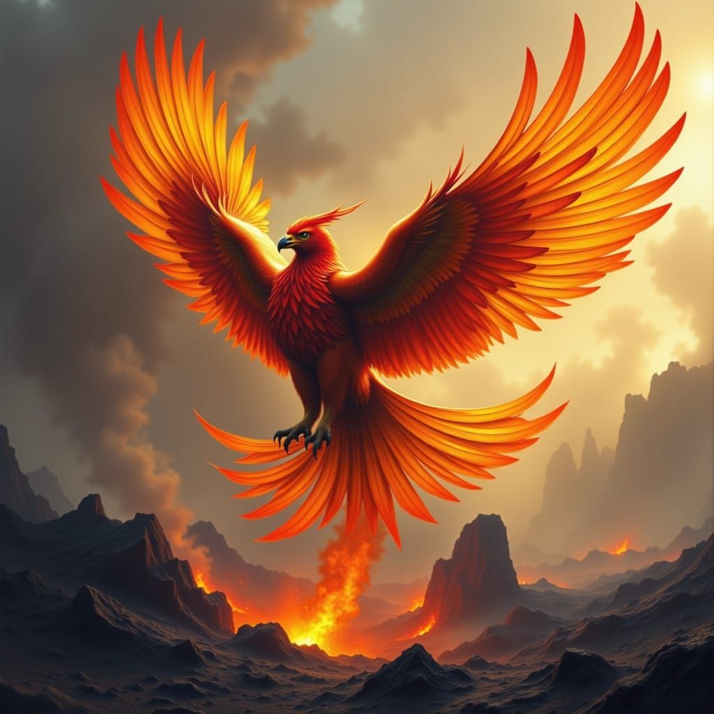 Majestic Phoenix Rises From Ashes in Volcanic Landscape