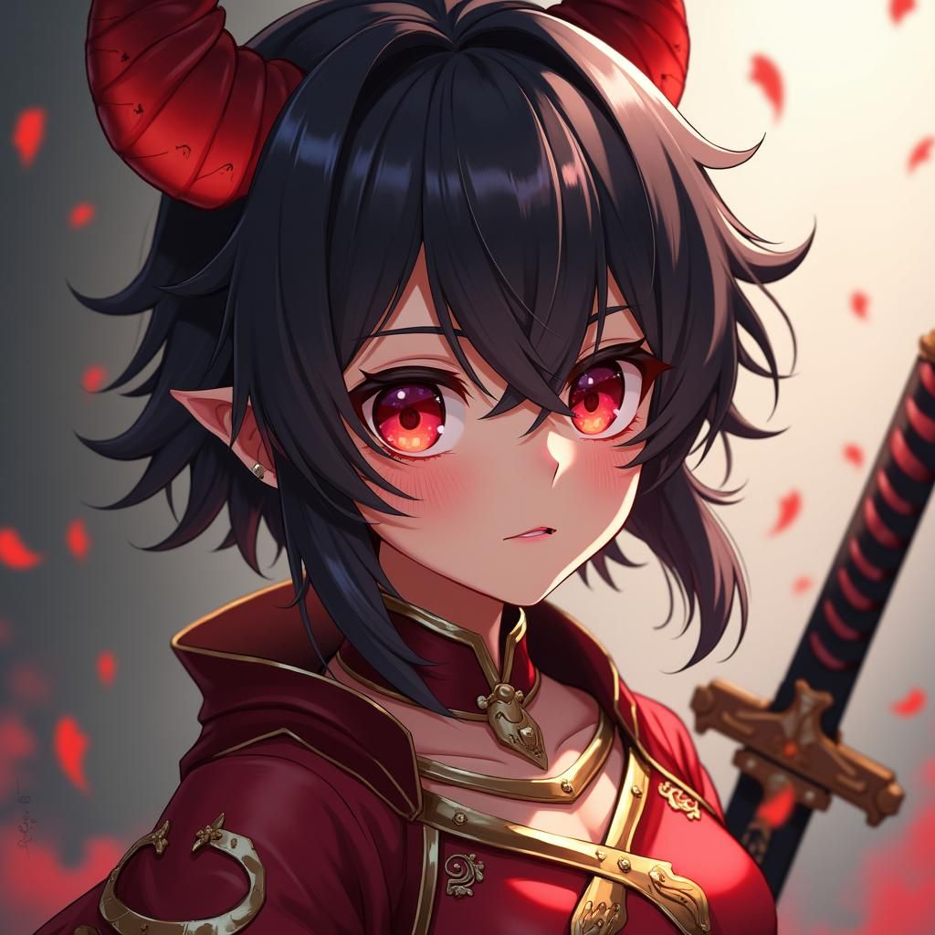 Anime Demon Youth with Flaming Hair and Katana