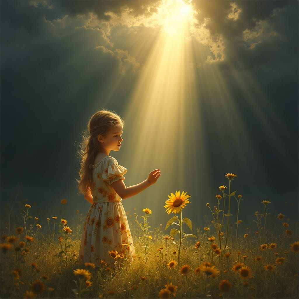 Girl Bathed in Light Amidst Dark Clouds