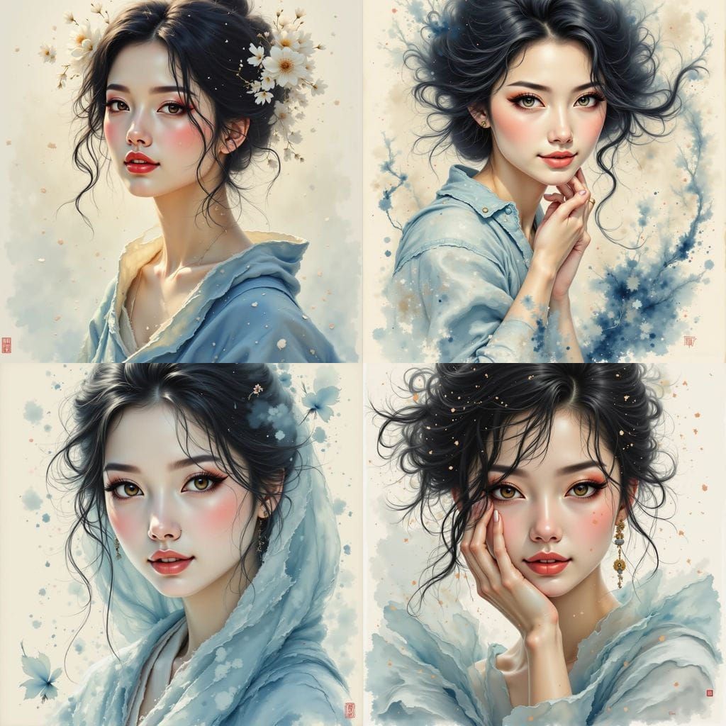 Sensual Japanese Woman In Tattered Blue Clothes Oil Painting