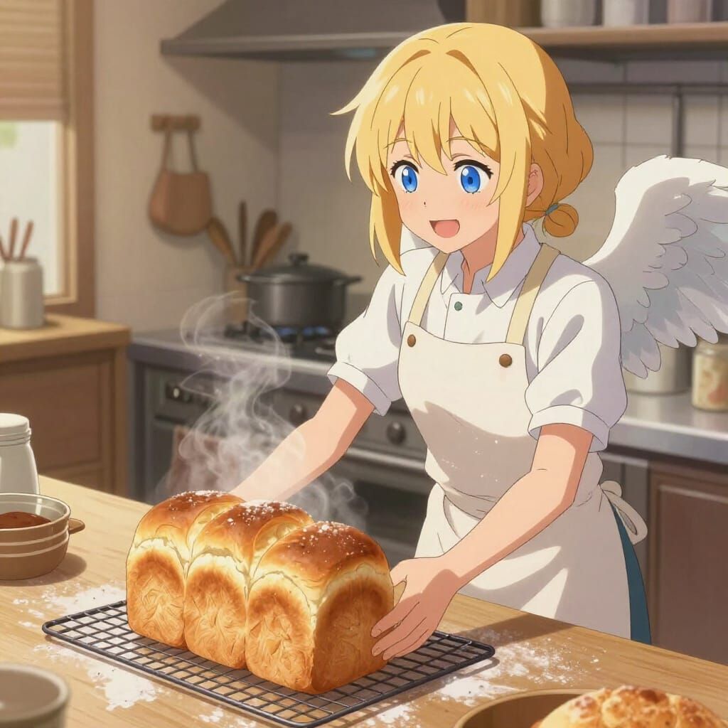 Angel Baker With Golden Loaf in Cozy Kitchen