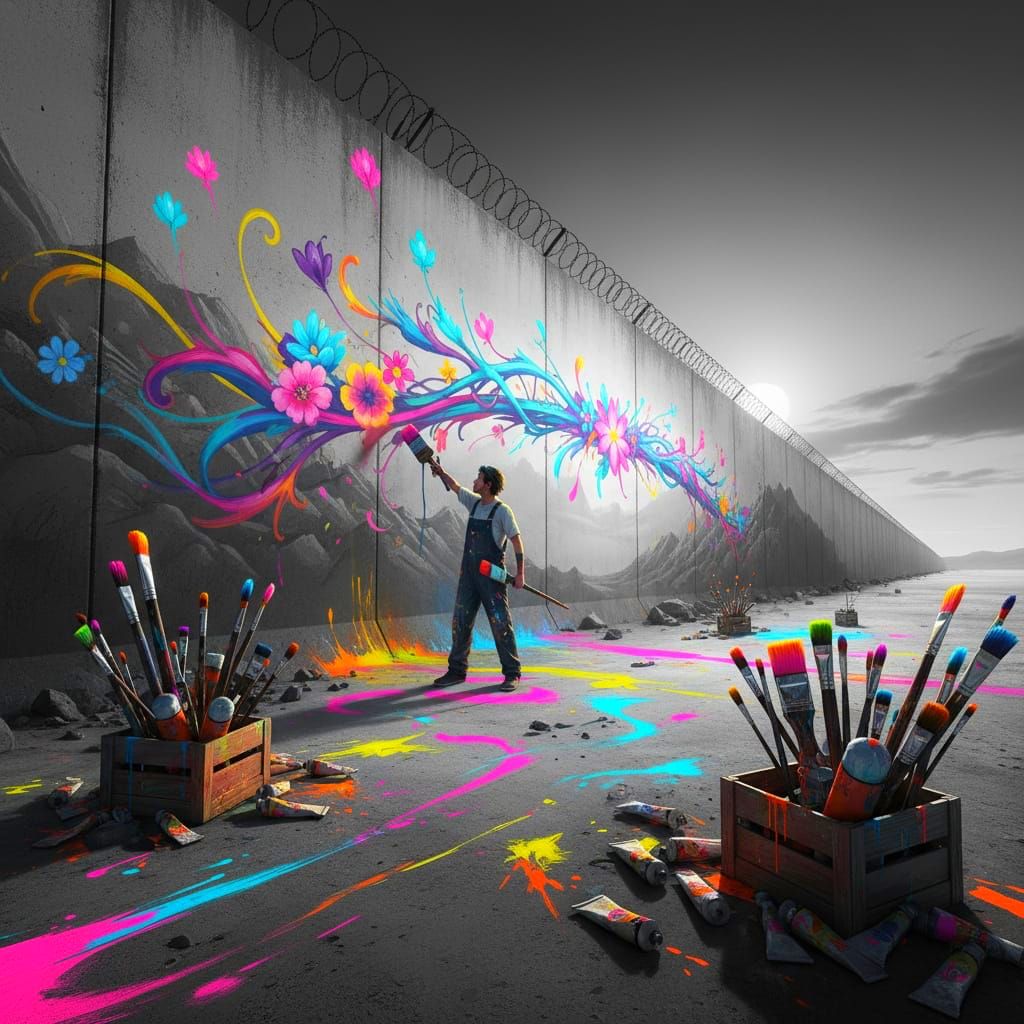 Colorful Mural in Desert, Vibrant Art Style