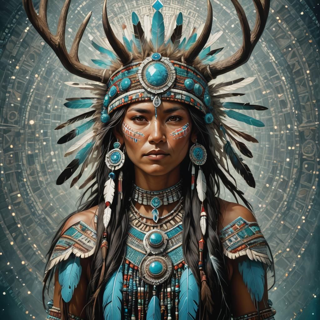 Regal American Indian Warrior with Antlers and Turquoise