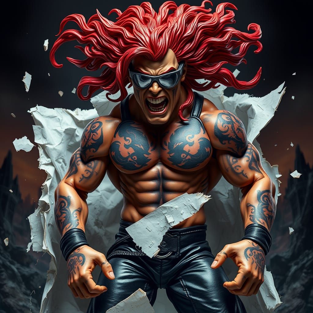 Gothic Wrestler Action Figure with Demonic Tattoos in Dark F...