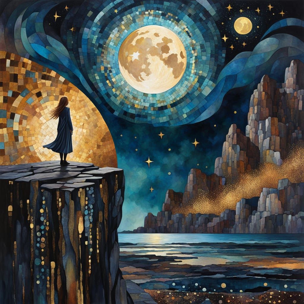 Depressed Woman on Mosaic Cliff under Dreamlike Moon