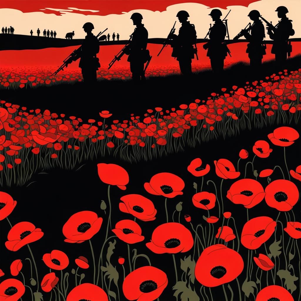 WWI Soldiers Silhouette in Poppy Field