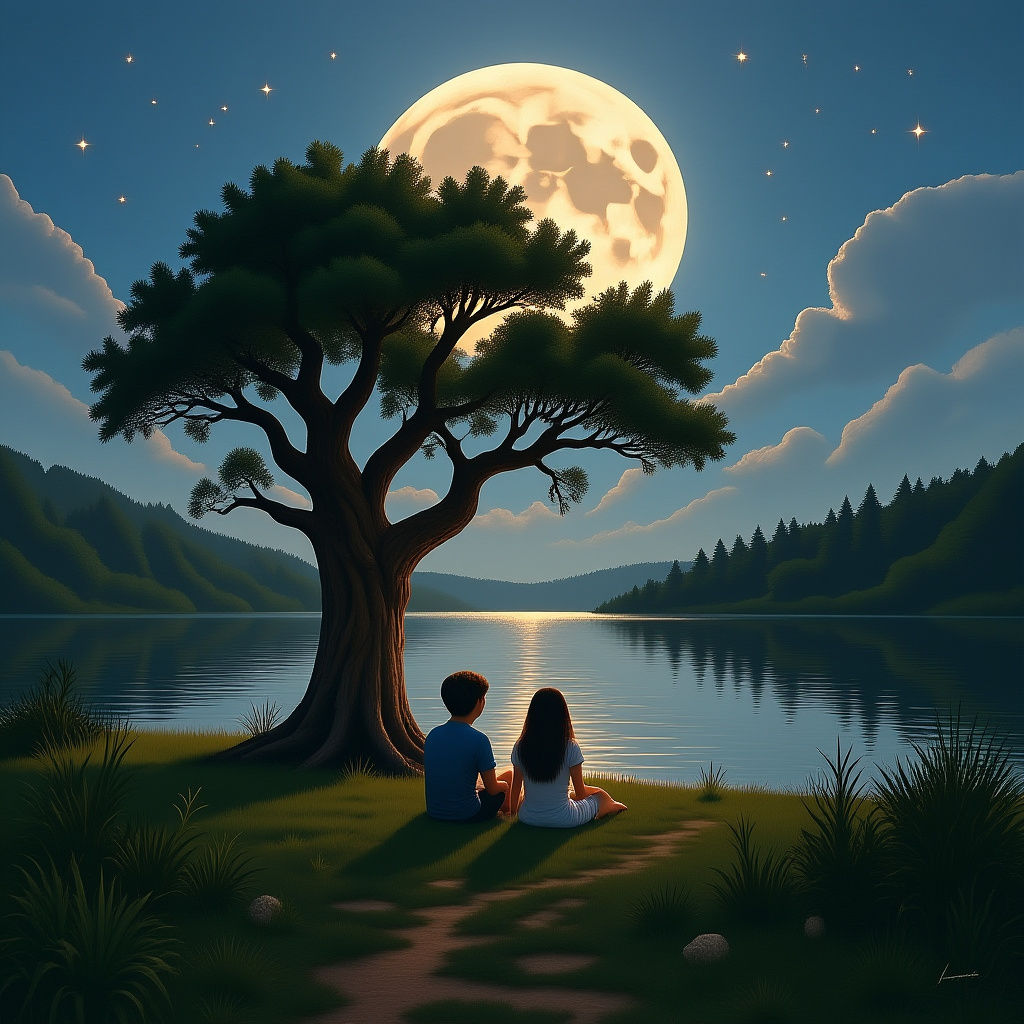 Night Lake with Oak Tree and Children